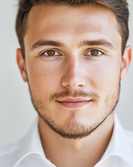 Fototapeta premium Business man on clean background, close up portrait of a smiling man in a suit