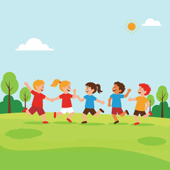 Playful children running in a green field, joy and energy