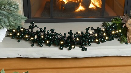 Naklejka premium Illuminated holiday berry garland display on fireplace hearth ambiance