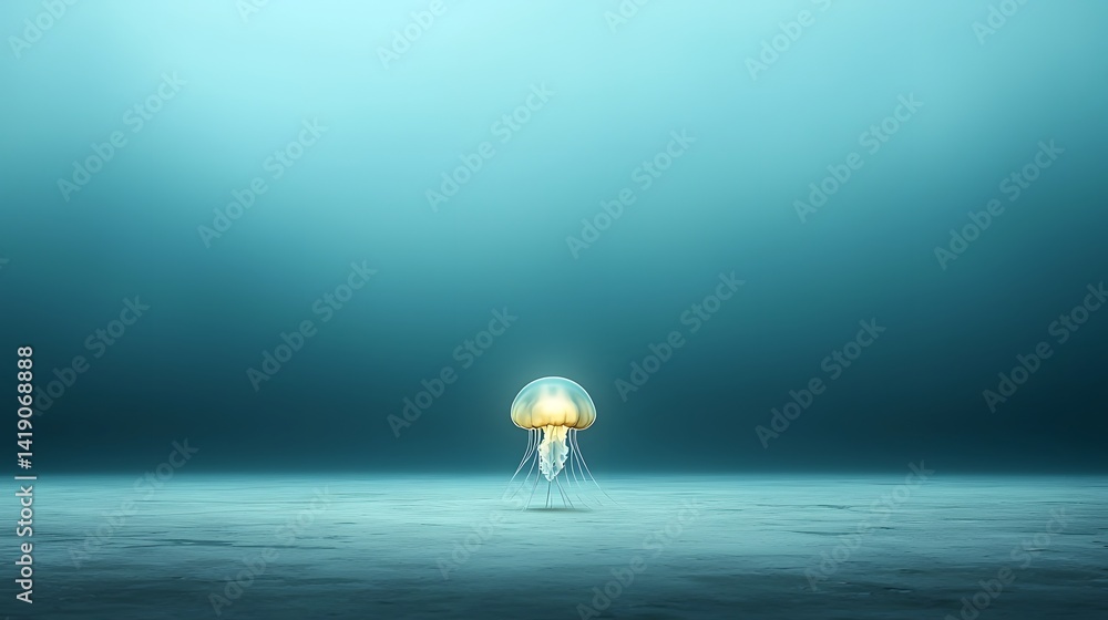 Poster solitary jellyfish floating in an empty dark expanse its soft glowing tentacles fading into the myst