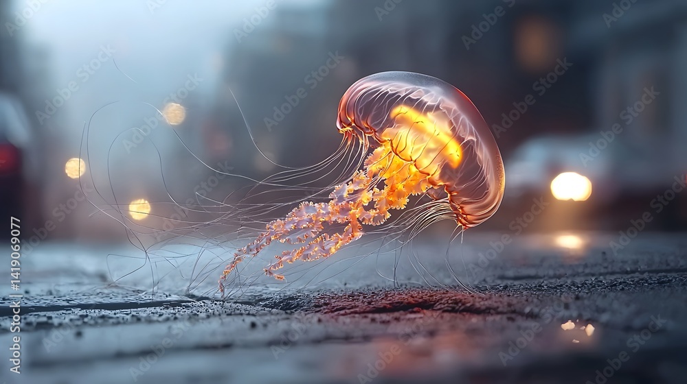 Poster mesmerizing slow motion capture of a glowing jellyfish drifting through a foggy underwater abyss the