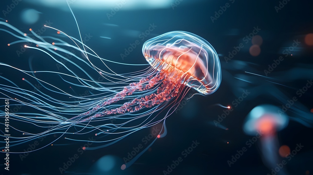 Poster captivating high speed underwater capture of a jellyfish pulsing with mesmerizing neon lit energy it