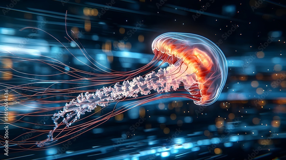 Poster pulsing neon jellyfish with trailing tendrils captured in mesmerizing slow motion showcasing the eth