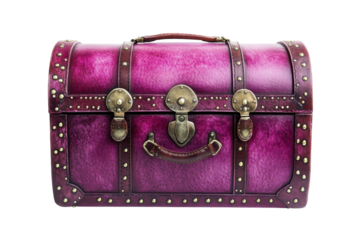 A vintage purple leather treasure chest ornate brass hardware rich textures isolated on black on transparent background