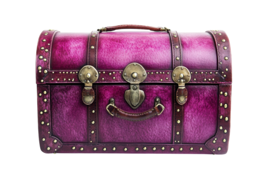 A vintage purple leather treasure chest ornate brass hardware rich textures isolated on black on transparent background