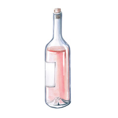 Opened bottle of rose wine with natural cork. Isolated watercolor illustration for restaurant design, menu, poster and fabric printing.