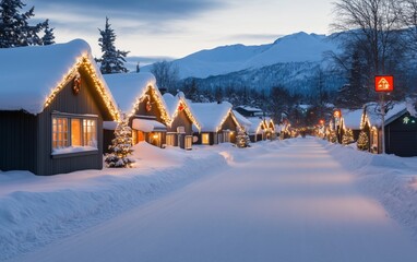 Fototapeta premium A Winter Wonderland Village: Cozy Snow-Covered Houses Illuminated by Christmas Lights , winter photo series