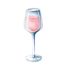 Glass of rose wine. Isolated watercolor illustration on the theme of a party for restaurant decoration, menu, printing on posters and fabrics.