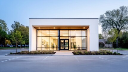 Modern minimalist office building with large glass windows reflecting evening light, surrounded by well-maintained landscaping and trees, and serene business environment.
