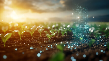 Plant growth simulation agricultural field digital visualization sunrise macro view sustainable innovation