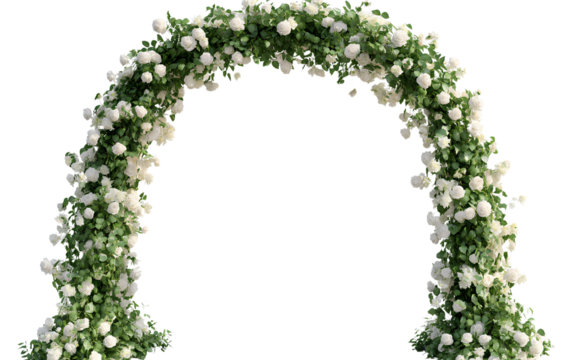 A wedding arch made of white and green flowers, transparent background