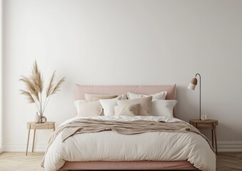 A minimalist bedroom with a pink headboard, white bedding, and a wooden nightstand