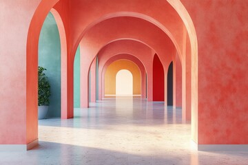 Minimalist colorful interior with geometric arches and terrazzo flooring modern art style pastel lighting clean design