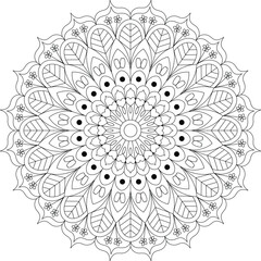 Detailed circular mandala artwork with floral and geometric elements. Ideal for coloring pages, textile design, and decorative projects