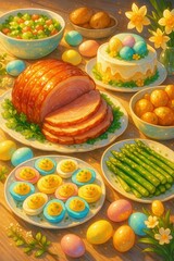 Festive Easter Dinner Table in Watercolor Style