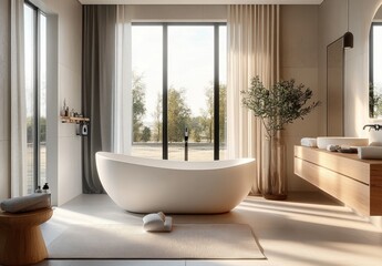 Scandinavian modern bathroom with freestanding bathtub wooden accents natural light eco style minimalist design
