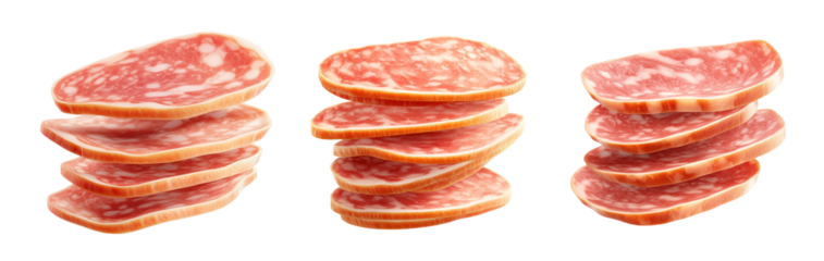 Set of Slices of salami in mid-air isolated on white transparent background, concept of gourmet food and delicacy.
