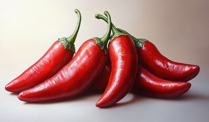 Three fresh red chili peppers isolated on white background with glossy texture and vibrant color
