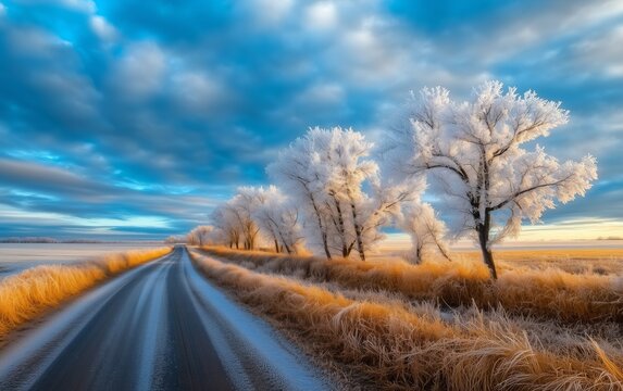 Winter Wonderland Road: Frozen Trees and Sunrise Landscape - Powered by Adobe