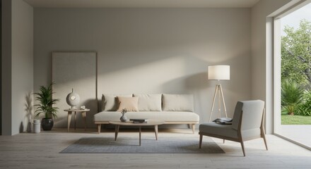 Modern Minimalist Living Room Interior Design with Beige Sofa and Armchair