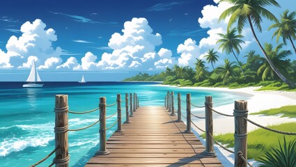 Fototapeta premium Idyllic Tropical Beach with Wooden Pier and Sailboats Beneath Azure Skies
