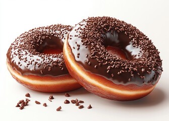 Two chocolate glazed donuts with sprinkles on white background
