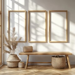 Fototapeta premium Light filled interior featuring frames bench and woven details
