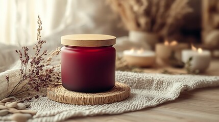 A high-end product photo of a red sorrel-scented candle in a minimalist glass jar, styled with a bamboo lid on a textured fabric surface, with spa-like decor in the background—pebbles, dried herbs,