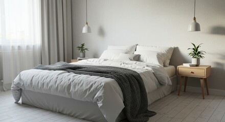 Modern Minimalist White Bedroom Interior with Gray Blanket