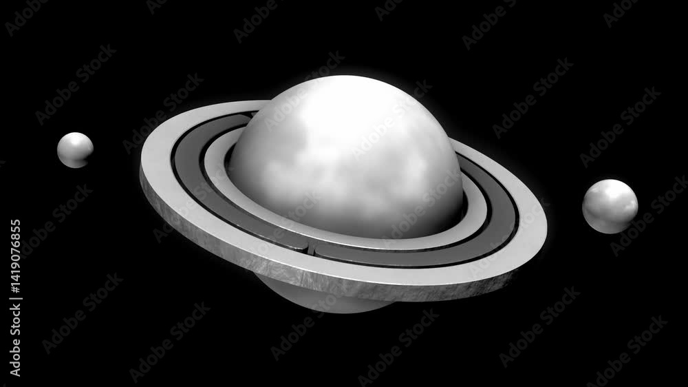 Poster a seamless 3d motion graphics loop showcasing an abstract black-and-white metal planet having rotati
