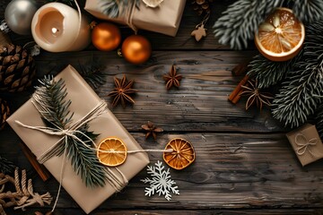 Craft Rustic Winter Holiday Gifts Decorated with Twine, Dried Oranges, and Evergreen Branches on Wooden Surface