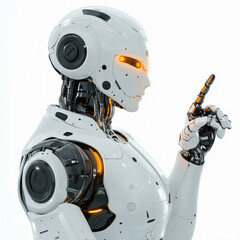 ai robot pointing with finger on white background