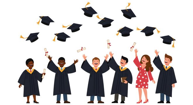 A celebratory cartoon image of graduates throwing caps into the air, capturing the joyful moment of graduation day.
