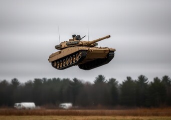 Obraz premium Tank in Mid-Air Demonstration of Suspension Technology and Power
