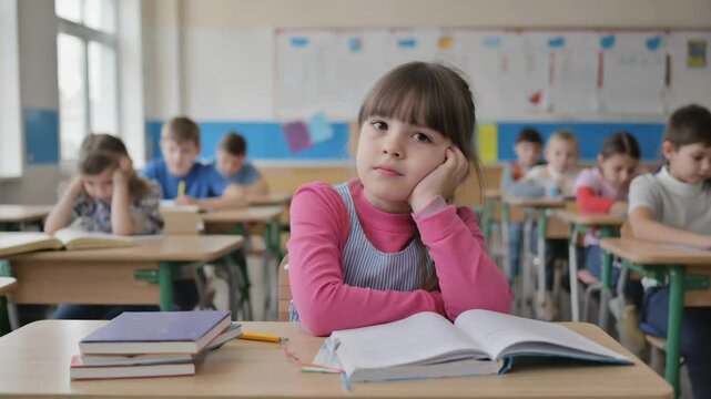 preschooler and child thinking in classroom with books, ADHD, kid and bored female student daydreaming for lesson, ideas and knowledge in artistic assessment, Girl, education and learning development.