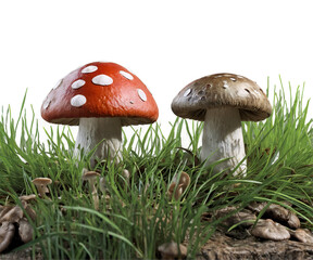 Whimsical woodland scene featuring vibrant toadstools nestled amongst lush green grass evoking a sense of wonder and enchantment in a miniature world landscape