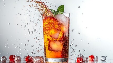 Action shot of vibrant red sorrel syrup being poured into a tall glass of sparkling soda filled with ice cubes and mint leaves, splash frozen mid-air, droplets flying,