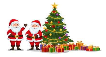 Fototapeta premium A joyful cartoon clipart of a Christmas scene with Santa Claus delivering gifts under a decorated tree, surrounded by snowflakes. 