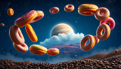 A variety of colorful donuts with sprinkles, chocolate glaze, and icing, arranged on a wooden table, creating a vibrant and appetizing display.