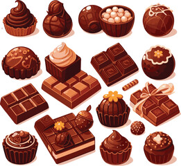 Chocolate Set Vector – Assorted Chocolates, Candy Bars, Truffles – Cute Flat Illustration