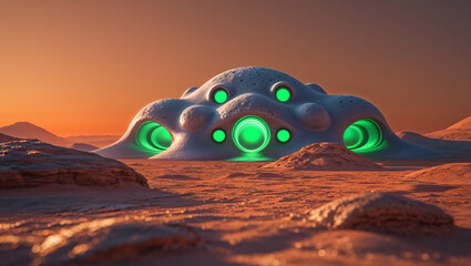Futuristic alien building emitting green light on a desert planet at sunset