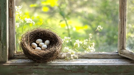 Bird s Nest with Eggs on Rustic Windowsill Spring Flowers Natural Light