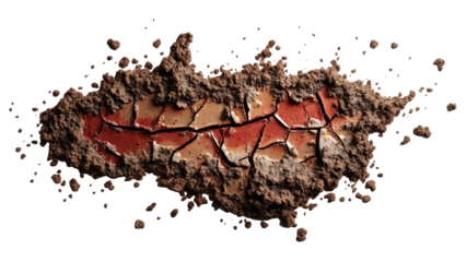 dry mud, stains and water droplets texture with dry dirt isolated on white background, top view and clipping path standard