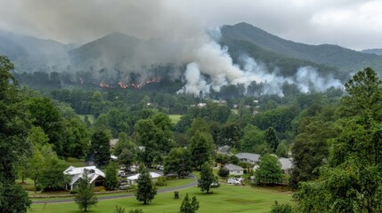 18. Smoky mountain valley covered in haze with fire lines creeping along the hillsides