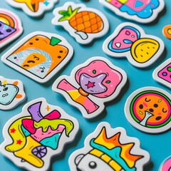 Fototapeta premium Vibrant Colorful Stickers: A Collection of Fun, Whimsical, and Playful Designs Featuring Fruits, Animals, and Fantasy Creatures on a Bright Blue Background. Delightful Illustrations Bring Joy
