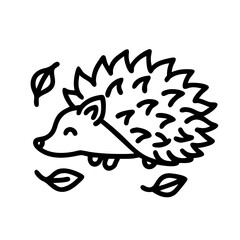 Cute hedgehog with leaves outline vector illustration for autumn season designs and prints