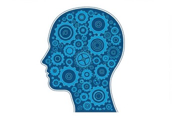 Gears inside human head shape on white background