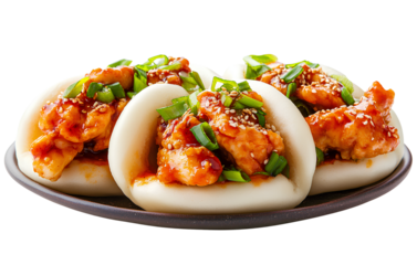 Bao buns with sweet and sour chicken on top, isolated on a transparent background