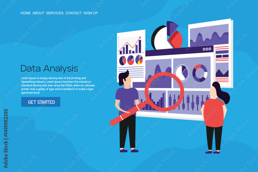 Poster team analyzing statistical data on monitor, representing business finance and data analysis concept