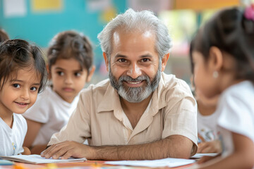 indian teacher and students enjoying together at classroom